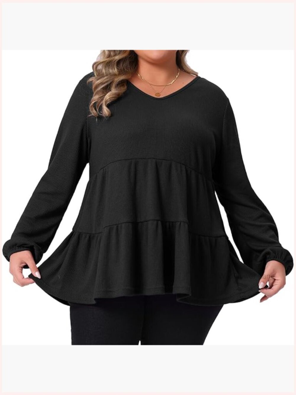 Plus Size Waffle Knit V Neck Long Sleeve Ruffle Hem Peplum Blouse